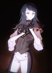 1girl absurdres bang_dream! bang_dream!_it&#039;s_mygo!!!!! black_background black_gloves black_hair black_pants black_vest blue_eyes closed_mouth commentary earrings expressionless gloves gradient_background hands_up highres jewelry long_hair long_sleeves looking_at_viewer pants red_background sasagawa_yuki shirt solo timoris_(bang_dream!) two-tone_pants vest white_pants white_shirt yahata_umiri
