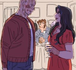 2boys 3girls animification bald beard black_hair blush breasts brown_hair cleavage cup deadpool deadpool_&amp;_wolverine deadpool_(series) dress facial_hair green_eyes head_rest highres holding holding_cup laura_kinney long_sleeves looking_at_another marvel marvel_cinematic_universe multiple_boys multiple_girls muscular pants pink_hair plaid_clothes plaid_shirt red_dress red_lips scar scars_all_over shirt short_hair short_sleeves sitting smile standing sweatdrop table too_many vanessa_carlysle wolverine_(x-men) x-men yo_ko_(kkk1211mmm) yukio_(marvel)
