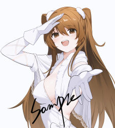 1girl brown_eyes brown_hair debu_xiao_huajiang dress elbow_gloves gloves hair_between_eyes highres official_alternate_costume ogiso_setsuna reaching reaching_towards_viewer smile twintails upper_body white_album_(series) white_album_2 white_background white_dress white_gloves