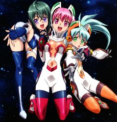 00s 3girls ahoge bent_over bodysuit breasts covered_erect_nipples gloves green_eyes green_hair highres kannagi_itsuki kawai_honoka medium_breasts multiple_girls navel pink_eyes pink_hair ponytail purple_eyes shishidou_akiha small_breasts smile sora_wo_kakeru_shoujo space