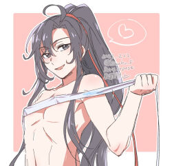 1boy ahoge androgynous black_eyes black_hair collarbone covered_erect_nipples dated hair_ribbon heart holding holding_ribbon implied_yaoi kimako_(kimako_8) long_hair looking_at_viewer male_focus modao_zushi navel open_mouth pectorals ponytail red_ribbon ribbon sidelocks smile solo speech_bubble spoken_heart topless_male trap twitter_username upper_body very_long_hair watermark wei_wuxian white_ribbon