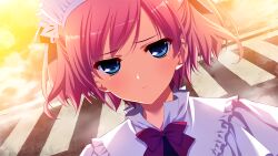 1girl black_ribbon blue_eyes bow bowtie closed_mouth crosswalk frilled_ribbon frills frown fumio_(ura_fmo) game_cg grisaia_(series) grisaia_no_rakuen hair_ribbon komine_sachi looking_at_viewer maid_headdress non-web_source official_art outdoors pink_hair portrait red_bow red_bowtie ribbon short_hair solo swept_bangs two_side_up variant_set