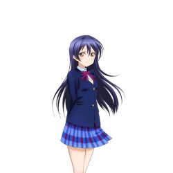 1girl anime_coloring arms_behind_back blazer blue_bow blue_bowtie blue_hair blue_jacket blue_skirt blush bow bowtie brown_sweater_vest cowboy_shot diagonal-striped_bow diagonal-striped_bowtie diagonal-striped_clothes dress_shirt hair_between_eyes hirayama_madoka jacket long_hair long_sleeves looking_at_viewer looking_to_the_side love_live! love_live!_school_idol_festival love_live!_school_idol_project miniskirt official_art otonokizaka_school_uniform plaid_clothes plaid_skirt pleated_skirt school_uniform shirt skirt smile solo sonoda_umi striped_clothes sweater_vest three_quarter_view transparent_background white_shirt winter_uniform yellow_eyes