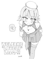 ? breasts character_name cleavage dixie_cup_hat flipped_hair grey_eyes hat highres kantai_collection medium_breasts military_hat monochrome neckerchief off-shoulder_shirt off_shoulder pleated_skirt richard_p._leary_(kancolle) school_uniform serafuku shirt short_hair skirt smile spoken_question_mark standing tatahai thighhighs