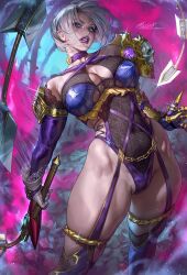 1girl aleriia_v arched_back armor bandai_namco breasts claws cleavage_cutout clothing_cutout covered_navel cowboy_shot elbow_gloves gloves highres holding holding_weapon holding_whip isabella_valentine large_breasts leotard parted_lips purple_leotard purple_lips see-through_clothes short_hair shoulder_armor solo soul_calibur soulcalibur soulcalibur_vi standing teeth toned toned_female weapon whip_sword white_hair
