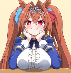1girl animal_ears antenna_hair bow bowtie breast_rest breasts breasts_on_table brown_hair center_frills closed_mouth commentary daiwa_scarlet_(umamusume) doyagao epaulettes fang fang_out frills hair_bow hair_intakes hiro_(pqtks113) horse_ears horse_girl large_breasts long_hair long_sleeves looking_at_viewer red_bow red_eyes simple_background skin_fang smug solo tiara twintails umamusume yellow_background