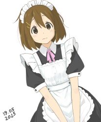 1girl andreypavlow apron black_dress blush bow bowtie brown_eyes brown_hair closed_mouth commentary cowboy_shot dated dress embarrassed english_commentary frilled_apron frills hair_between_eyes hair_ornament hairclip highres hirasawa_yui k-on! looking_at_viewer maid maid_apron maid_headdress medium_hair pink_bow pink_bowtie puffy_sleeves short_sleeves simple_background solo white_background