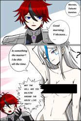 2koma ahoge arm_up armor armpits black_hair blue_background blue_eyes blue_hair blush censored censored_nipples comic english_text eyelashes hair_between_eyes heterochromia highres long_hair messy_hair multicolored_hair navel open_mouth pink_background purple_eyes red_eyes red_hair shoulder_armor simple_background speech_bubble streaked_hair sumino_takumi the_hundred_line_-last_defense_academy- topless_female upper_body v&#039;ehxness white_background white_hair