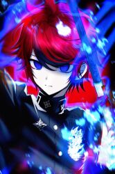 1boy armband badge black_streaks blue_eyes blue_fire bow buttons commentary fire gakuran hatching_(texture) highres holding holding_sword holding_weapon hole_in_chest hole_on_body last_defense_academy_school_uniform looking_ahead male_focus multicolored_hair qiong_yuemooc red_bow red_hair school_uniform short_hair solo streaked_hair sumino_takumi sword symbol-only_commentary the_hundred_line_-last_defense_academy- upper_body weapon white_armband white_fire