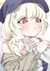 1boy 1girl absurdres aoba_(blue_archive) bare_shoulders beret blue_archive blush bow_camisole breath camisole fluffy_hair halo hanakonenne hands_on_another&#039;s_neck hat highres loli long_hair long_sleeves neck newsboy_cap orange_halo parted_lips red_eyes sweat upper_body white_camisole yellow_halo