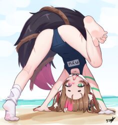 1girl all_fours animal_ears barefoot beach boppin brown_hair commentary feet green_eyes heterochromia highres indie_virtual_youtuber loli nyudachi one-piece_swimsuit paid_reward_available school_swimsuit single_sock socks soles solo swimsuit tail toes virtual_youtuber