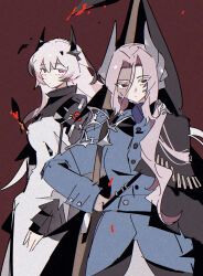2girls absurdres arknights black_cape black_horns blue_jacket cape dress grey_eyes grey_horns gun hand_on_own_hip highres hl_(iamawhitehippo) horns jacket long_hair long_sleeves military_uniform multiple_girls pink_hair red_background red_eyes reverse:1999 rifle sentinel_(reverse:1999) theresa_(arknights) upper_body weapon white_dress