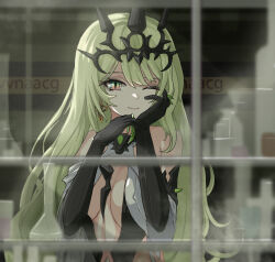 1girl black_dress black_gloves black_tiara breasts center_opening closed_mouth dress earrings elbow_gloves gloves green_hair honkai_(series) honkai_impact_3rd indoors jewelry large_breasts long_hair looking_outside mobius_(honkai_impact) one_eye_closed ouroboros slit_pupils smile solo spikes tiara upper_body very_long_hair vvna9 window