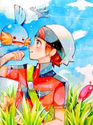 1boy backpack bag beanie blue_eyes brendan_(pokemon) brown_hair closed_mouth cloud commentary creatures_(company) day game_freak gen_3_pokemon grass green_bag hand_up hat highres latios legendary_pokemon looking_to_the_side male_focus mofumofuyarou mudkip nintendo outdoors pokemon pokemon_(creature) pokemon_on_arm pokemon_oras red_shirt shirt short_hair short_sleeves skitty sky smile tall_grass white_hat zigzagoon zipper_pull_tab