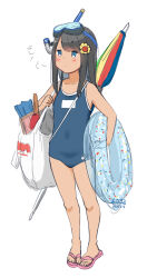 1girl bag beach_umbrella black_hair blue_eyes blue_one-piece_swimsuit commentary_request competition_school_swimsuit diving_mask diving_mask_on_head flat_chest flower full_body goggles goggles_on_head hair_flower hair_ornament highres innertube long_hair name_tag one-piece_swimsuit original retsumaru sandals school_swimsuit simple_background snorkel solo sunflower sunflower_hair_ornament swim_ring swimsuit umbrella white_background