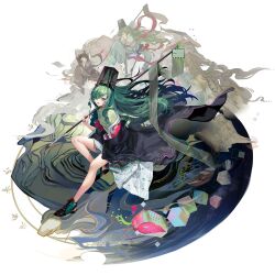 Rule 34 | 1girl, artist request, banner, baofan, black hat, check artist, colored eyelashes, faux figurine, full body, game cg, girls&#039; frontline, girls&#039; frontline neural cloud, green hair, green shirt, hair over one eye, hat, highres, holding, holding banner, knees together feet apart, neon (zuicongming), off shoulder, official art, red eyes, sarong, shirt, sitting, solo, taoism, third-party source, transparent background, white hair, white sarong, wide sleeves, zangyin (neural cloud)