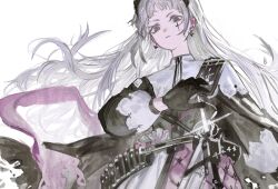 Rule 34 | 1girl, arknights, bird girl, black gloves, black shirt, closed mouth, earrings, gloves, grey eyes, head wings, highres, irene (arknights), jewelry, long hair, long sleeves, looking at viewer, lunifish, puffy long sleeves, puffy sleeves, shirt, simple background, sword, weapon, white background, white hair, wings