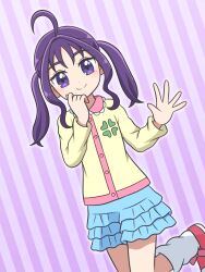 Rule 34 | 1girl, ahoge, blue skirt, blush, buttons, closed mouth, clover print, cocotama (series), collared shirt, commentary, cosplay, cowboy shot, curled fingers, dot nose, dutch angle, frilled shirt collar, frills, hair intakes, hand on own face, hands up, highres, kamisama minarai: himitsu no cocotama, karon-t, kimi to idol precure, layered skirt, leg up, legs together, long sleeves, looking at viewer, loose socks, medium hair, name connection, open hand, pink shoes, pink trim, precure, purple background, purple eyes, purple hair, shigure kokoro, shirt, shoes, skirt, smile, socks, solo, split mouth, spread fingers, standing, standing on one leg, striped background, twintails, waving, white socks, yellow shirt, yotsuba kokoro, yotsuba kokoro (cosplay)