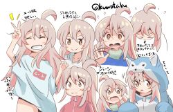 &gt;_&lt; 1girl :o @_@ ^_^ absurdres animal_costume arm_up artist_name blush brown_eyes closed_eyes colored_inner_hair commentary flustered flying_sweatdrops grey_hair grin hair_between_eyes highres hood hood_up jacket kuwata multicolored_hair multiple_views no_pants onii-chan_wa_oshimai! oyama_mahiro pink_hair ponytail red_jacket shirt simple_background smile smug t-shirt track_jacket translated twitter_username two-tone_hair v wavy_mouth white_background white_shirt wolf_costume wolf_hood yurie_mouth
