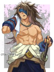 Rule 34 | armor, bandage over one eye, brown eyes, brown hair, cherry blossoms, cowboy shot, hakama, hand on sheath, holding, holding towel, indesign, japanese armor, japanese clothes, jewelry, katana, kote, long hair, male focus, murasame (rune factory), muscular, muscular male, necklace, ponytail, rune factory, rune factory: guardians of azuma, scar, scar on chest, scar on face, sheath, sheathed, sweat, sword, towel, weapon, wiping sweat