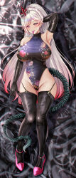 1girl absurdres alien alien_(1979) alien_(series) arm_behind_head arm_up armpits black_gloves black_thighhighs blonde_hair blue_eyes blue_leotard breasts covered_navel dakimakura_(medium) earrings elbow_gloves floral_print_leotard forked_tongue gloves gradient_hair highres huge_breasts jewelry large_breasts leotard long_hair monster_girl multicolored_eyes multicolored_hair nori_chazuke original print_leotard red_eyes red_hair sideboob solo tail thighhighs tongue tongue_out very_long_hair white_hair xenomorph
