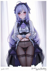 Rule 34 | 1girl, black panties, black pantyhose, blush, breasts, closed mouth, dated, highres, large breasts, long hair, long sleeves, looking at viewer, mole, mole under eye, navel, paid reward available, panties, panties under pantyhose, pantyhose, pointy ears, purple hair, pussy juice, pussy juice drip through clothes, pussy juice trail, red eyes, revision, selcky, sidelocks, solo, standing, thigh gap, thighband pantyhose, thighs, underwear, vivian banshee, zenless zone zero