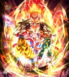 3boys absurdres artist_logo aura black_hair blue_sash blz_(blz151101) body_fur brown_hair denim dougi dragon_ball dragon_ball_gt electricity energy fighting_stance fusion fusion_dance gloves glowing gogeta highres jeans light_particles logo long_hair metamoran_vest monkey_boy monkey_tail multiple_boys muscular muscular_male pants power-up powering_up red_fur red_hair sash son_goku spiked_hair super_saiyan super_saiyan_4 tail topless_male vegeta