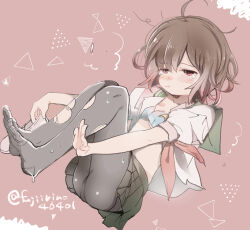 Rule 34 | 1girl, :t, black pantyhose, blush, bra, breasts, brown hair, commentary request, fujii rino, gradient hair, green sailor collar, holding, holding shoes, holding unworn clothes, kantai collection, messy hair, multicolored hair, mutsuki (kancolle), neckerchief, pantyhose, pleated skirt, pout, red eyes, red hair, red neckerchief, sailor collar, school uniform, serafuku, shoes, short hair, short sleeves, skirt, small breasts, solo, tears, torn clothes, torn pantyhose, twitter username, underwear, unworn shoes, wet, wet clothes