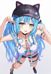 1girl absurdres animal_ears black_hat black_shorts blue_hair bra breasts cat_ears cleavage collarbone elf fishnet_socks fishnets from_above hat highres hololive large_breasts long_hair looking_at_viewer low_twintails official_alternate_costume paw_pose pointy_ears shorts simple_background socks solo thigh_strap twintails underwear virtual_youtuber white_background white_bra winvita yellow_eyes yukihana_lamy yukihana_lamy_(cyber)