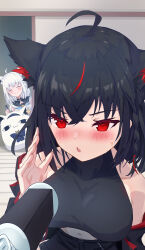 2girls absurdres ahoge animal_ear_fluff animal_ears black_hair black_jacket black_shirt black_shorts blue_neckerchief blush braid closed_eyes commentary_request crop_top fox_ears fox_girl hair_between_eyes highres hololive hood hoodie indoors jacket kirimoya kurokami_fubuki long_hair looking_at_viewer microphone midriff miteiru_(shirakami_fubuki) multicolored_hair multiple_girls navel neckerchief open_clothes open_jacket open_mouth peeking red_eyes red_hair shirakami_fubuki shirt short_shorts shorts sidelocks single_braid smile streaked_hair sweat virtual_youtuber white_hair white_hoodie