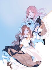 2girls :o alternate_costume apron bang_dream! bang_dream!_it&#039;s_mygo!!!!! black_bow black_bowtie black_dress black_shoes blue_eyes book bow bowtie brown_hair buttons chihaya_anon circle_skirt collared_shirt dress enmaided expressionless eyelashes floating_clothes floating_hair frilled_apron frilled_dress frilled_headwear frills full_body grey_background happy hat high_heels highres holding holding_book juliet_sleeves leg_up long_dress long_hair long_sleeves looking_at_viewer maid male_focus mary_janes mob_cap multiple_girls nagasaki_soyo pantyhose parted_lips pink_hair puffy_sleeves shade shirt shirt_under_dress shoes sitting socks standing striped_clothes striped_socks two-tone_background vertical-striped_clothes vertical-striped_socks wboheshi white_apron white_background white_hat white_pantyhose white_shirt white_sleeve_cuffs white_socks yokozuwari