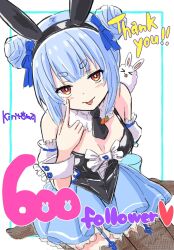 Rule 34 | &gt; &lt;, 1girl, akanbe, animal ears, bare shoulders, black hairband, black leotard, blue bow, blue hair, blue skirt, bow, breasts, brown thighhighs, center frills, closed eyes, closed mouth, commentary request, detached sleeves, don-chan (usada pekora), double bun, eyelid pull, fake animal ears, fishnet thighhighs, fishnets, frills, from above, garter straps, hair bow, hair bun, hairband, hand up, highres, hololive, kiritoma, leotard, milestone celebration, pleated skirt, puffy short sleeves, puffy sleeves, rabbit ears, short eyebrows, short sleeves, signature, sitting, skirt, small breasts, solo, thank you, thick eyebrows, thighhighs, tongue, tongue out, usada pekora, usada pekora (furi furi bunny dress), v-shaped eyebrows, virtual youtuber, wariza, white background, white sleeves, wrist cuffs