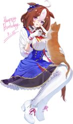 1girl absurdres ahoge animal animal_ears animal_on_lap birthday blue_dress bow brown_hair cat commentary cursive dated dress dress_shirt ear_ribbon english_text gloves ha_(hura76752775) happy_birthday highres horse_ears horse_girl horse_tail invisible_chair lace lace-trimmed_dress lace_trim long_sleeves looking_at_viewer medium_dress medium_hair meisho_doto_(umamusume) meto_(cat) multicolored_hair neck_ribbon on_lap open_mouth pantyhose pinafore_dress purple_eyes red_ribbon ribbon shirt shoes simple_background sitting sleeveless sleeveless_dress smile solo tail two-tone_hair umamusume white_background white_gloves white_hair white_pantyhose white_shirt white_shoes