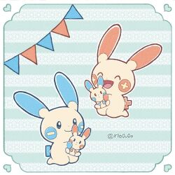 closed_mouth gen_3_pokemon highres holding holding_pokemon kneeling minun nintendo no_humans open_mouth plusle pokemon pokemon_(creature) rio_(rio0v0o) sitting smile twitter_username