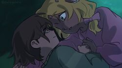 1girl 1other alien_stage bandaid bandaid_on_hand blonde_hair bow brown_hair commentary deltarune english_commentary furry furry_female green_sweater hair_bow kris_(deltarune) looking_at_another lying noelle_holiday on_grass on_side paragonesz pink_bow pink_shirt scene_reference shirt signature smile striped_clothes striped_sweater sweater tearing_up tears