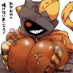 1girl animal_ears animal_hood animal_print areola_slip beecon_(bee_niji) blazblue breasts cat_ears cat_hood cat_tail commentary_request covered_erect_nipples dark-skinned_female dark_skin grey_hoodie grin hood hood_up hoodie huge_breasts motion_blur nipples paizuri paizuri_under_clothes sharp_teeth simple_background smile solo suspenders tail teeth tiger_print torakaka translation_request upper_body white_background