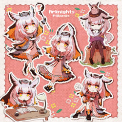 1girl :o ? animal animal_on_head arknights bird bird_on_head black_footwear black_gloves black_thighhighs blue_jacket book character_name chibi copyright_name desk desk_lamp dress gloves goggles goggles_around_neck grey_hair highres holding holding_quill holding_staff index_fingers_raised inkwell jacket lamp long_hair multiple_views official_alternate_costume on_head open_book orange_socks outline owl owl_ears ptilopsis_(arknights) ptilopsis_(serenity)_(arknights) quill sitting smile socks staff thighhighs tree_stump user_nemuiniwa white_dress white_outline