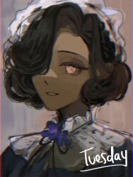 1girl black_hair black_ribbon brown_background character_name dress flower grin hair_over_one_eye highres kii_(rebahan_yoi) looking_at_viewer maid maid_headdress neck_flower neck_ribbon one_eye_covered pink_eyes portrait purple_dress purple_flower reverse:1999 ribbon short_hair smile solo tuesday_(reverse:1999)