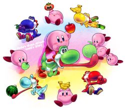 alternate_color apple bad_id bad_pixiv_id banana blue_eyes blue_skin blue_yoshi blush_stickers clone closed_eyes colored_skin copyright_name crossover food fruit grapes green_apple heart holding holding_food holding_fruit holding_watermelon kirby kirby_(series) kirby_mass_attack light_blue_yoshi lying mario_(series) melon multiple_persona nintendo no_humans red_yoshi sakiko_(gekiama) sitting super_smash_bros. tomato tongue watermelon yellow_yoshi yoshi yoshi&#039;s_story