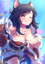 1girl absurdres ahri_(league_of_legends) animal_ears bare_shoulders black_hair blue_sky blush breasts cleavage collarbone commentary dress english_commentary facial_mark fingernails fox_ears fox_girl fox_tail hand_on_own_hip heart heart-shaped_pupils highres kitsune korean_clothes kyuubi large_breasts league_of_legends long_fingernails long_hair looking_at_viewer multiple_tails one_eye_closed qoopxi red_dress red_nails sky smile solo sunlight symbol-shaped_pupils tail tree yellow_eyes