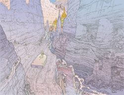 aircraft architecture bird city crystal day floating flying highres landscape long_sleeves moebius mountain original outdoors pastel_colors people ravine scenery science_fiction sitting stream water wide_shot