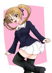 1girl amanone_yun black_boots black_ribbon black_thighhighs blue_jacket boots brown_eyes brown_hair commentary from_side girls_und_panzer glasses green_undershirt hair_ribbon highres jacket kneehighs leg_up long_hair long_sleeves looking_at_viewer military_uniform miniskirt ooarai_military_uniform oono_aya parted_lips pink_background pleated_skirt ribbon round_eyewear skirt smile socks solo standing standing_on_one_leg thighhighs twintails undershirt white_skirt