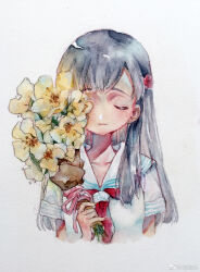 1girl closed_eyes flower highres idolmaster idolmaster_cinderella_girls kobayakawa_sae long_hair red_scarf rerain scarf shirt white_shirt