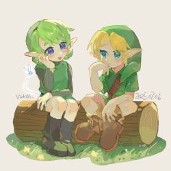Rule 34 | 1boy, 1girl, artist name, belt, black boots, blonde hair, blue eyes, blue pupils, blush, boots, brown boots, commentary, dated, fairy, grass, green hat, green tunic, hat, highres, kokiri, link, navi, nintendo, on log, open mouth, pointy ears, saria (zelda), sitting, smile, the legend of zelda, the legend of zelda: ocarina of time, tunic, twitter username, vinh233, white background, young link