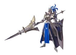 1other 99deok armor armored_boots boots breastplate closed_mouth commentary english_commentary full_armor helmet highres holding holding_polearm holding_shield holding_weapon huge_weapon invisible_floor looking_at_viewer original paladin pelvic_curtain plume polearm shield shoulder_armor simple_background solo standing weapon white_background yellow_eyes