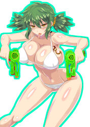 Rule 34 | 1girl, absurdres, alternate hairstyle, aqua outline, bikini, breast tattoo, breasts, cleavage, dual wielding, green hair, hair between eyes, hair ornament, hair scrunchie, highres, hikage (senran kagura), holding, huge breasts, mutsuya, outline, scrunchie, senran kagura, senran kagura peach beach splash, shaded face, short twintails, slit pupils, solo, swimsuit, tattoo, tongue, tongue out, twintails, water gun, yellow eyes