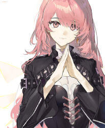 1girl absurdres arknights black_jacket closed_mouth cross detached_wings earrings energy_wings gohanduck halo highres jacket jewelry leather leather_jacket lemuen_(arknights) long_hair long_sleeves looking_at_viewer own_hands_together pink_eyes pink_hair simple_background single_earring smile solo upper_body white_background wings zipper