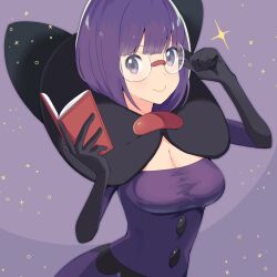 1girl adjusting_eyewear blunt_bangs bob_cut book breasts buttons cleavage elbow_gloves game_freak glasses gloves holding holding_book low-cut medium_breasts nintendo pokemon pokemon_bw purple_eyes purple_hair purple_skirt riki_(inushima_) rimless_eyewear round_eyewear shauntal_(pokemon) short_hair skirt smile upper_body