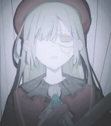 1girl ascot bang_dream! bang_dream!_it&#039;s_mygo!!!!! beret chara_tomato52 commentary cracked_skin electric_guitar empty_eyes green_brooch green_hair guitar hair_over_one_eye hashtag-only_commentary hat highres instrument long_hair mortis_(bang_dream!) mortis_(costume)_(bang_dream!) muted_color open_mouth red_hat solo upper_body wakaba_mutsumi white_ascot yellow_eyes