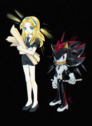 1boy 1girl aqua_eyes aqua_hairband black_background black_fur black_necktie black_shirt black_shoes black_shorts blonde_hair collared_shirt crossdressing crystal_hair frown gem_uniform_(houseki_no_kuni) gloves hairband hedgehog_boy high_heels holding_blueprints houseki_no_kuni long_hair maria_robotnik nabe0915199212 necktie open_mouth parted_bangs puffy_short_sleeves puffy_sleeves red_eyes red_fur shadow_the_hedgehog shirt shoes short_sleeves shorts sidelocks smile sonic_(series) standing two-tone_fur vest waistcoat white_gloves white_shoes white_shorts white_vest